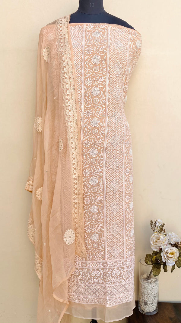 Chikankari Suit Length 3 Piece Peach Georgette With Pearl & Sequence Work