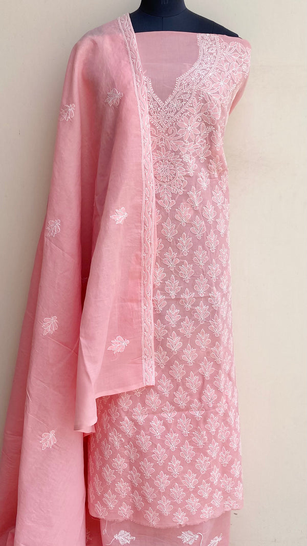 Lucknowi Chikankari Suit Length 3 Piece Pink Cotton With Embroidered Cotton Dupatta
