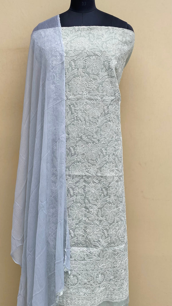 Lucknowi Chikankari Suit Length 3 Piece Gray Cotton