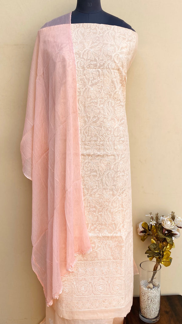 Lucknowi Chikankari Suit Length 3 Piece Peach Cotton