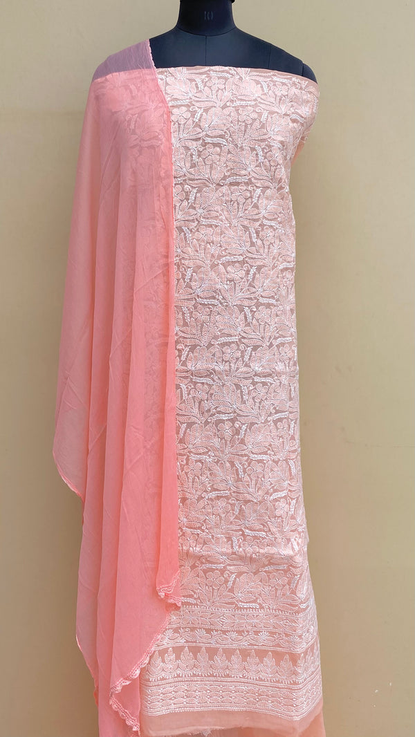 Lucknowi Chikankari Suit Length 3 Piece Peach Cotton