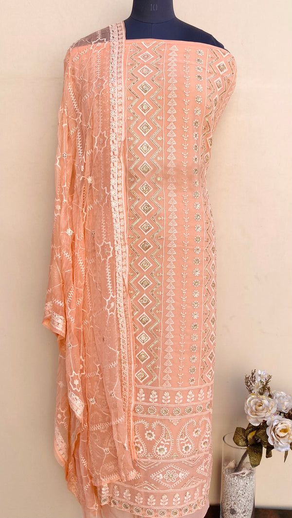 Chikankari Suit Length 3 Piece Peach Georgette With Sequence Work