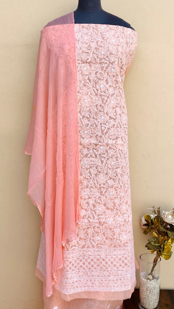 Lucknowi Chikankari Suit Length 3 Piece Peach Cotton