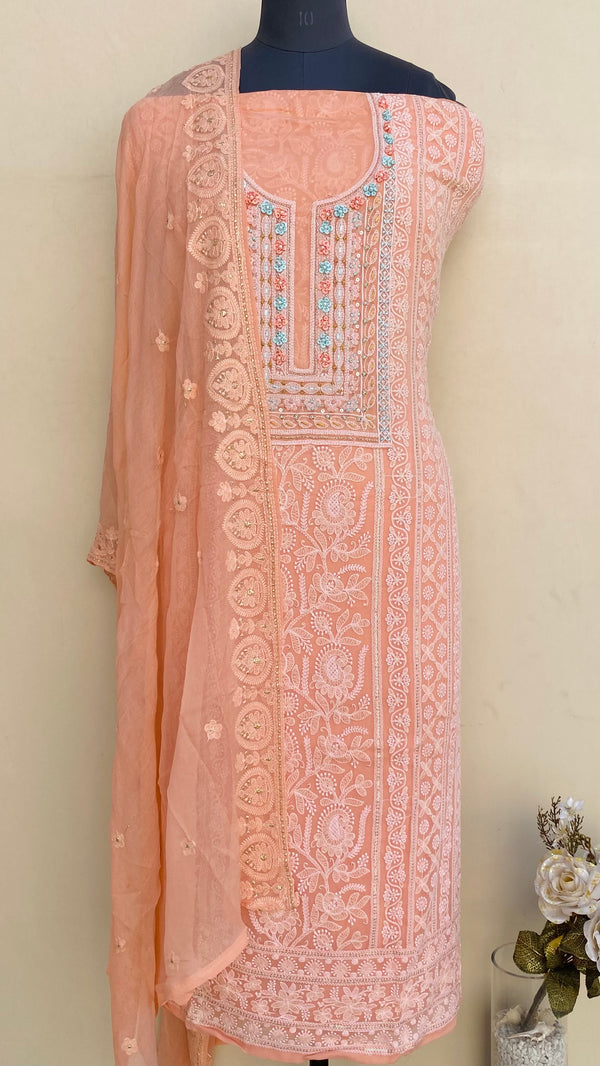 Chikankari Suit Length 3 Piece Peach Georgette With Pearl & Sequence Work