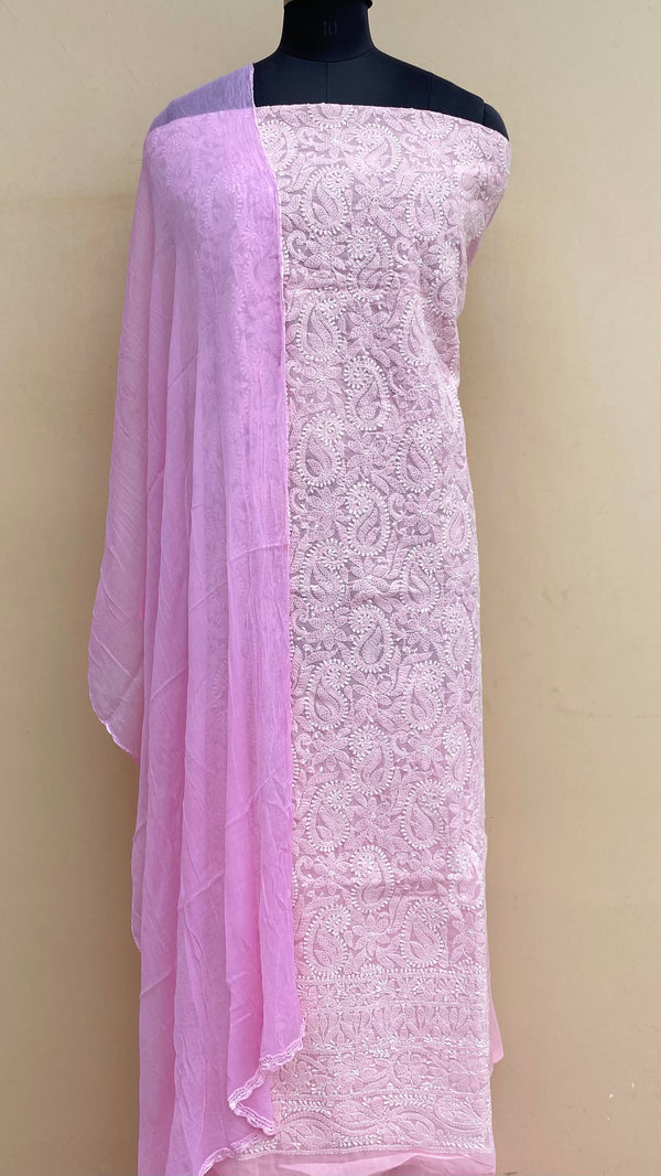 Lucknowi Chikankari Suit Length 3 Piece Pink Cotton