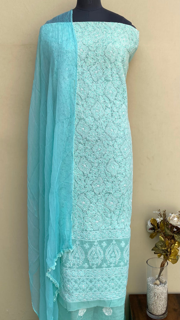 Lucknowi Chikankari Suit Length 3 Piece Sea Green Cotton