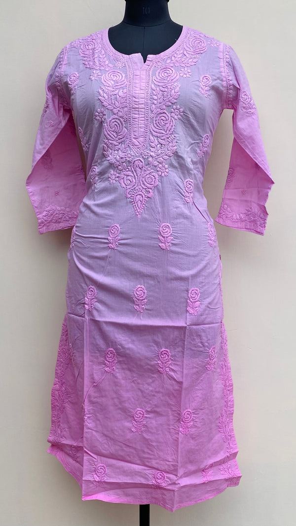 Lucknowi Chikankari Ombre Kurti Pink Mulmul Cotton With Self 3D Work