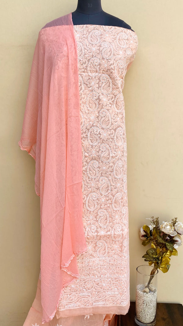 Lucknowi Chikankari Suit Length 3 Piece Peach Cotton