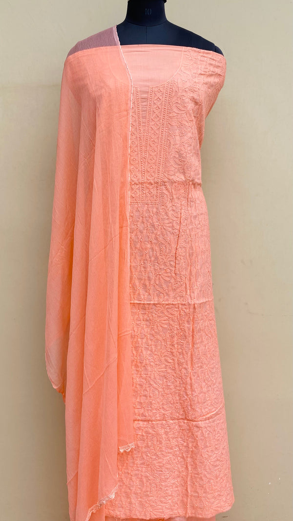 Lucknowi Chikankari Suit Length 3 Piece Peach Mulmul Cotton