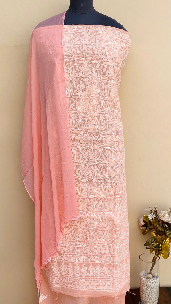 Lucknowi Chikankari Suit Length 3 Piece Peach Cotton