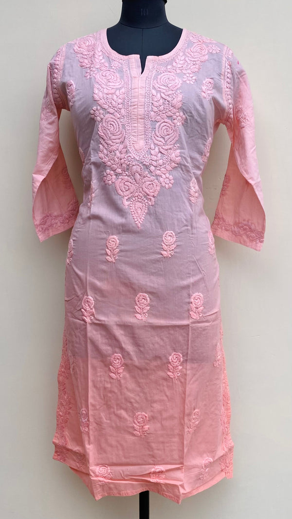 Lucknowi Chikankari Ombre Kurti Peach Mulmul Cotton With Self 3D Work