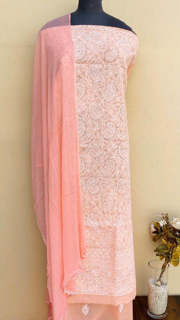 Lucknowi Chikankari Suit Length 3 Piece Peach Cotton