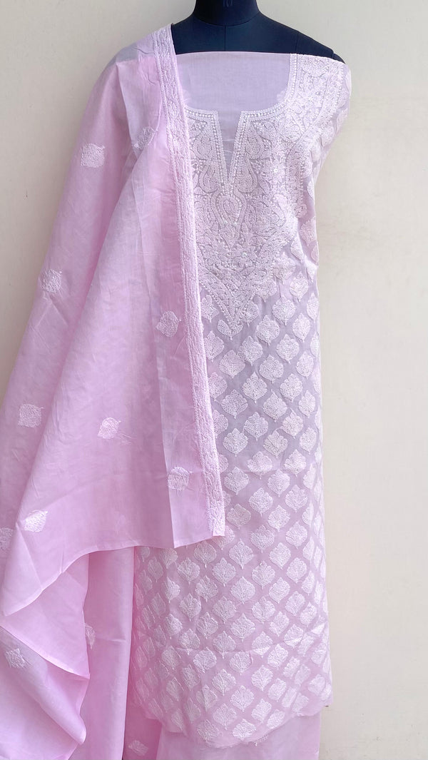 Lucknowi Chikankari Suit Length 3 Piece Pink Cotton With Embroidered Cotton Dupatta