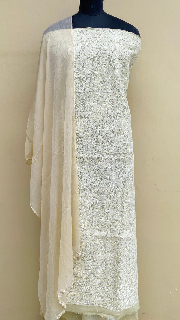 Lucknowi Chikankari Suit Length 3 Piece Beige Cotton