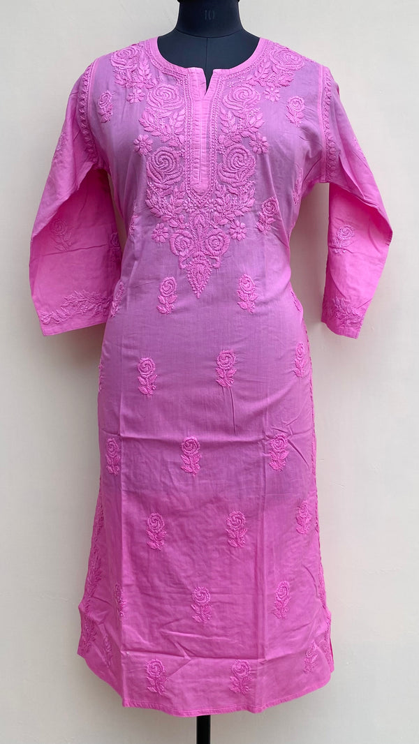 Lucknowi Chikankari Ombre Kurti Pink Mulmul Cotton With Self 3D Work