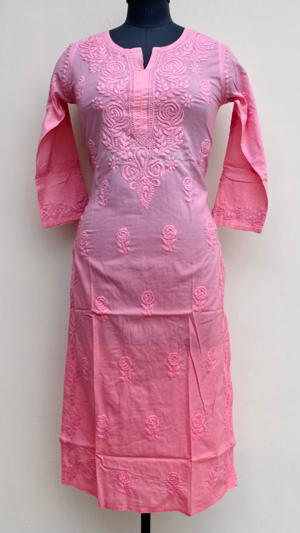 Lucknowi Chikankari Ombre Kurti Pink Mulmul Cotton With Self 3D Work