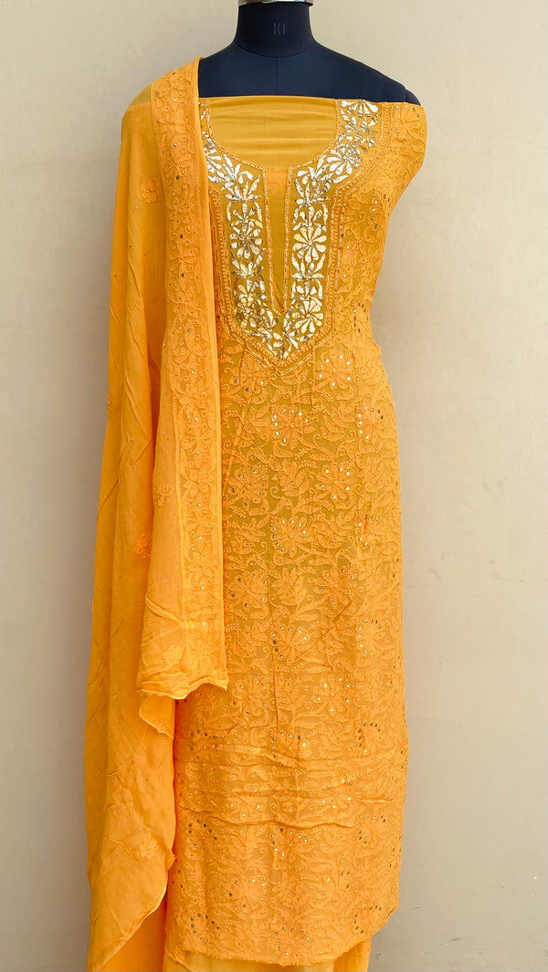 Lucknowi Chikankari Suit Length 2 Piece Yellow  Pure Georgette With Mukaish Work