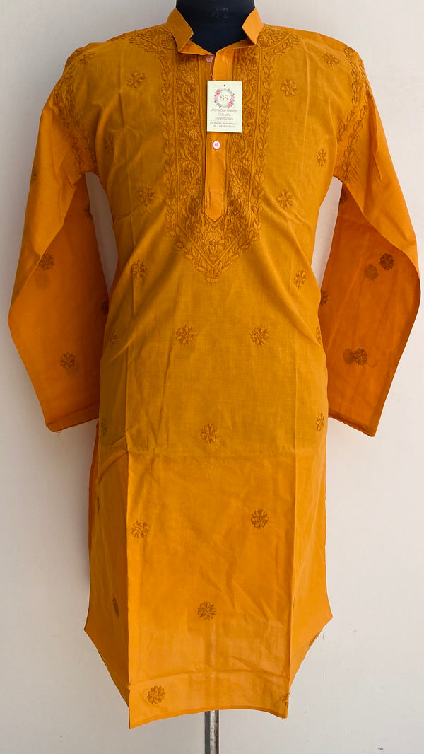 Lucknowi Chikankari Men’s Kurta Mustard Cotton With Jaali Work