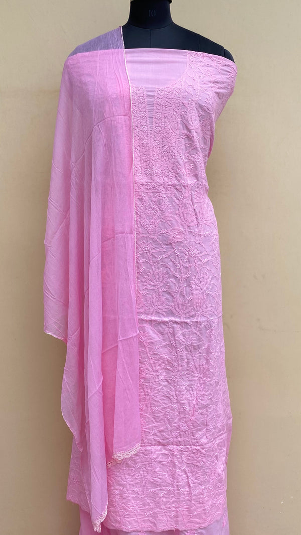 Lucknowi Chikankari Suit Length 3 Piece Pink Cotton