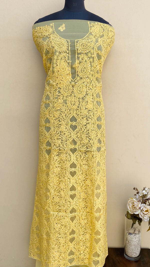 Lucknowi Chikankari Kurta Length Yellow Organza With Mukaish Work