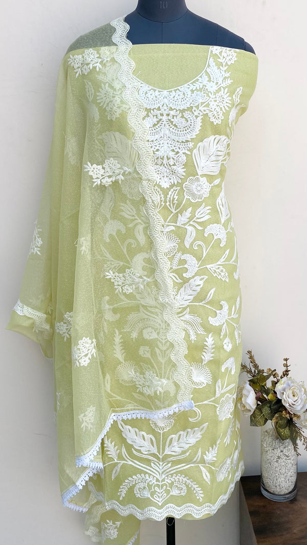 Designer Embroidered Suit Length 3 Piece Parrot Green Kota
