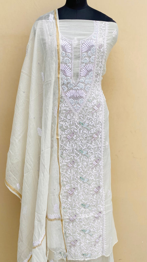 Lucknowi Chikankari Suit Length 2 Piece Off White Mal Chanderi With Cutdana & Sequence Work