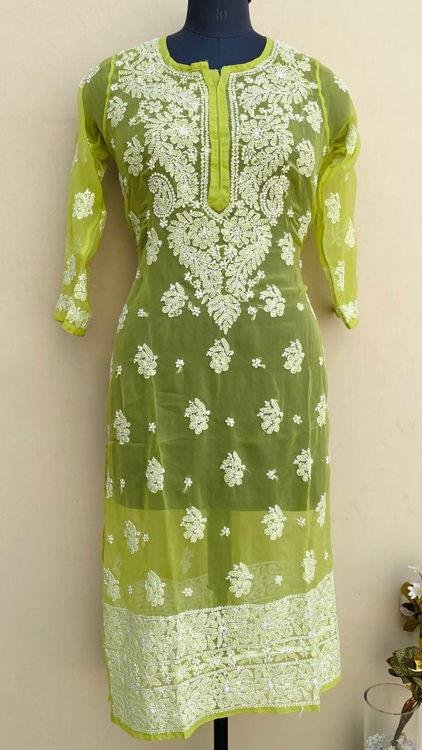 Lucknowi Chikankari Kurti Parrot Green Georgette