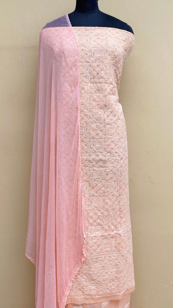 Lucknowi Chikankari Suit Length 3 Piece Peach Cotton