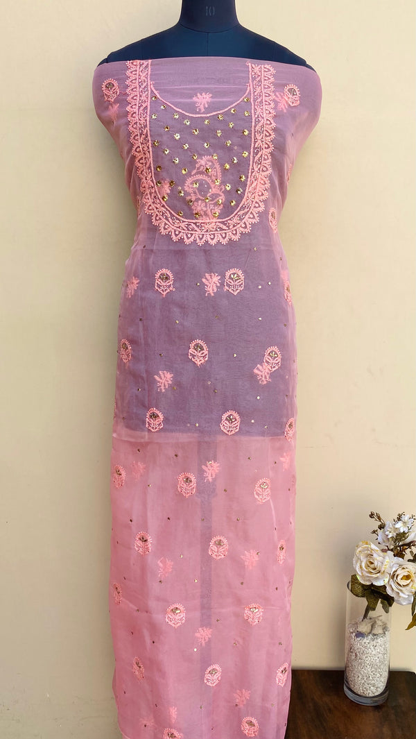 Lucknowi Chikankari Kurta Length Pink Organza With Mukaish Work