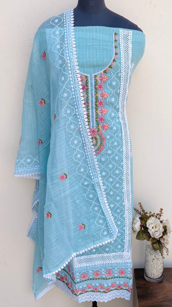 Designer Embroidered Suit Length 3 Piece Aqua Blue Kota