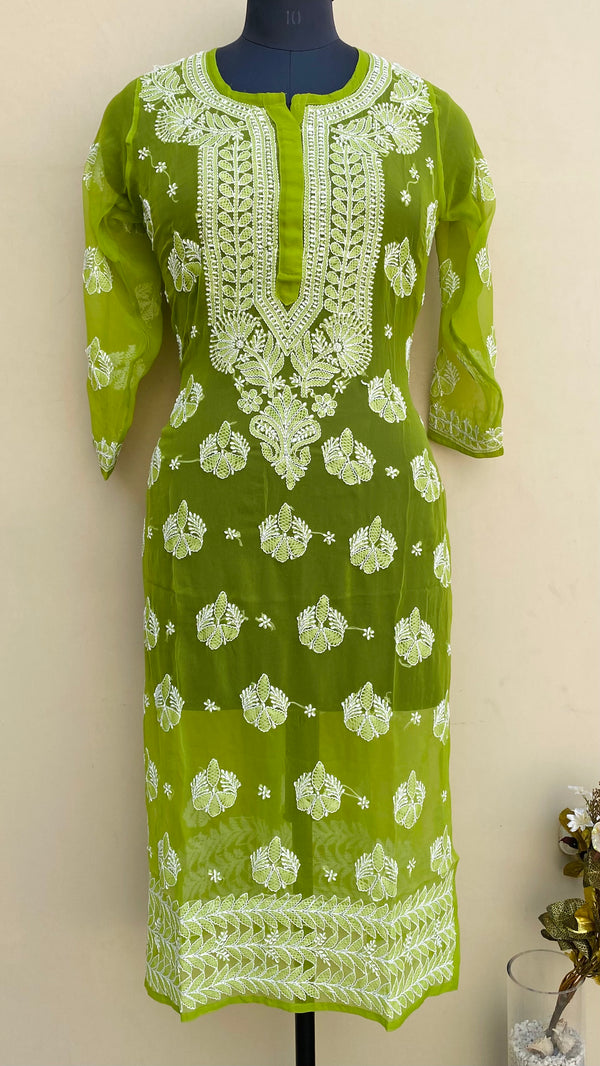 Lucknowi Chikankari Kurti Mahendi Green Georgette