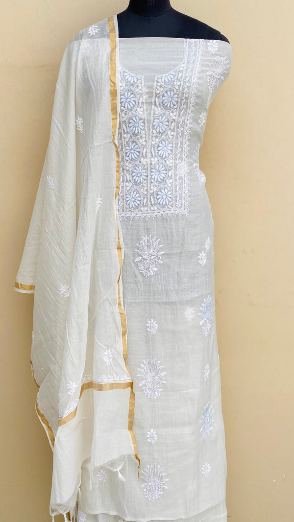 Lucknowi Chikankari Suit Length 2 Piece Off White Mal Chanderi With Cutdana & Sequence Work