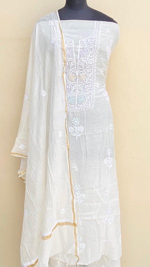 Lucknowi Chikankari Suit Length 2 Piece Off White Mal Chanderi With Cutdana & Sequence Work