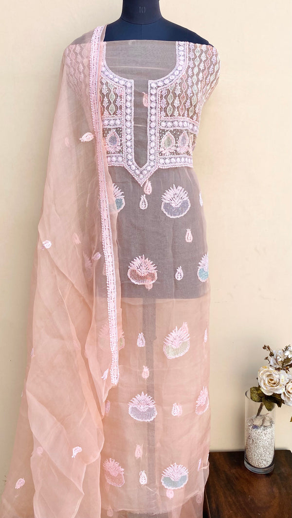 Lucknowi Chikankari Suit Length 2 Piece Peach Organza With Sequence & Cutdana Work