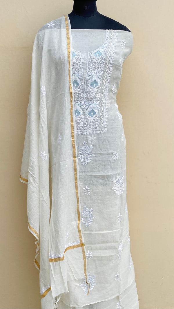 Lucknowi Chikankari Suit Length 2 Piece Off White Mal Chanderi With Cutdana & Sequence Work