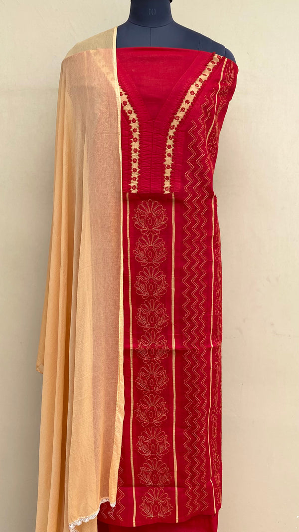 Lucknowi Chikankari Suit Length 3 Piece Red Cotton