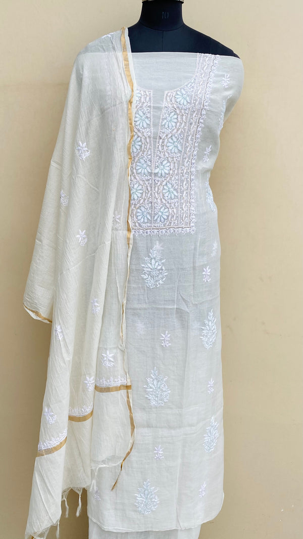 Lucknowi Chikankari Suit Length 2 Piece Off White Mal Chanderi With Cutdana & Sequence Work