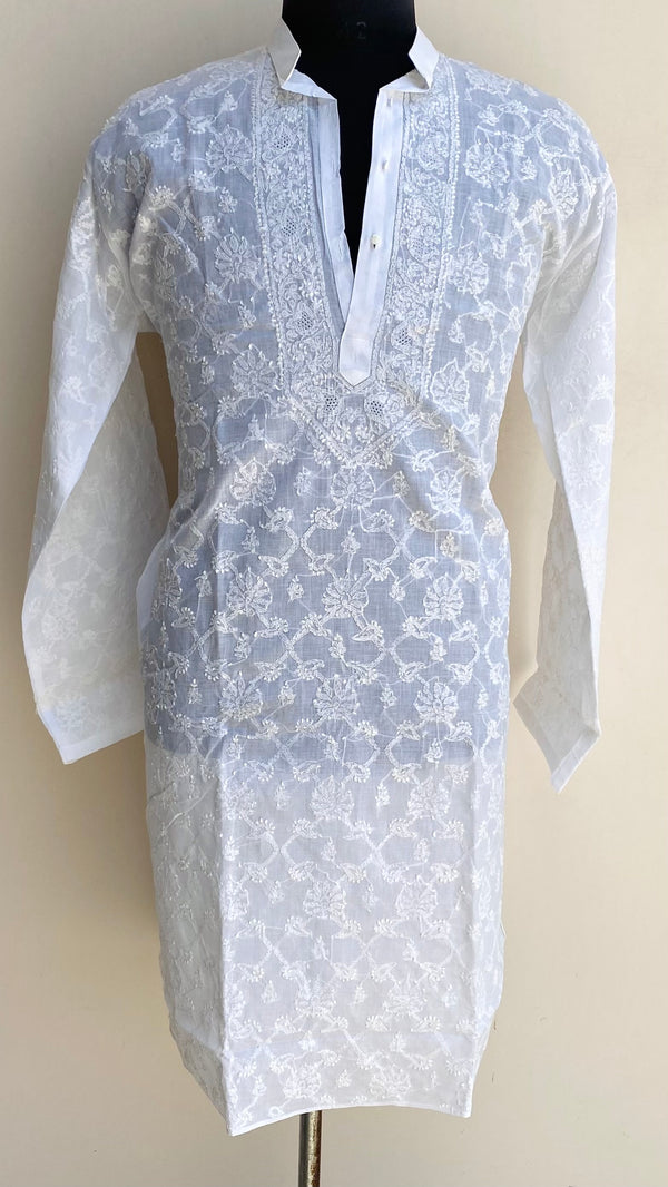 Lucknowi Chikankari Men’s Kurta White Cotton With Jaali Work