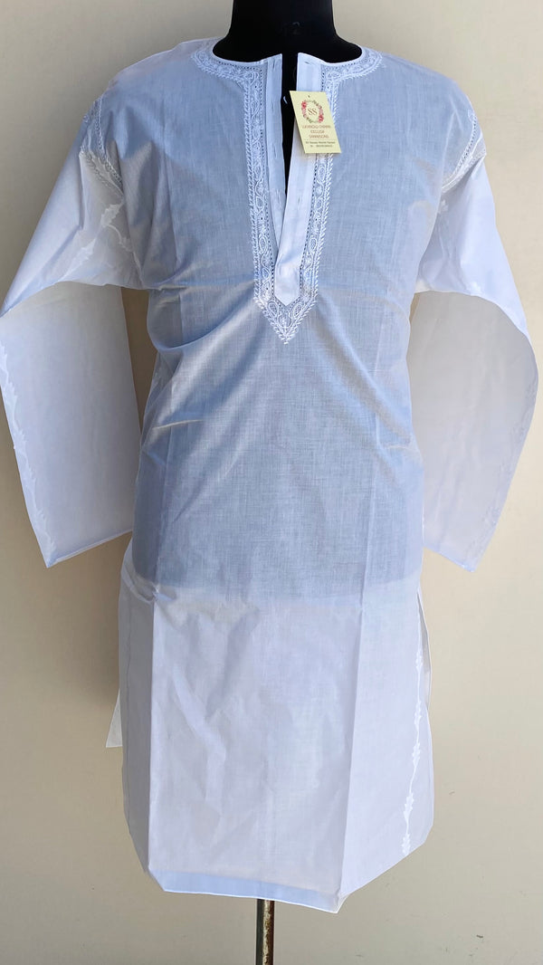 Lucknowi Chikankari Men’s Kurta White Cotton With Applique & Jaali Work