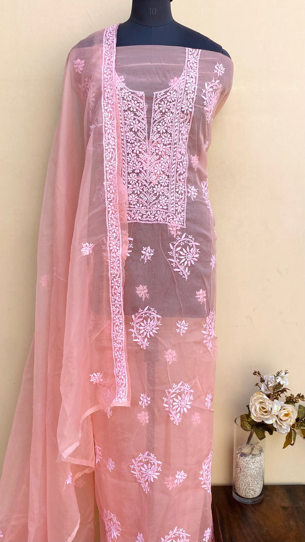 Lucknowi Chikankari Suit Length 2 Piece Pink Organza