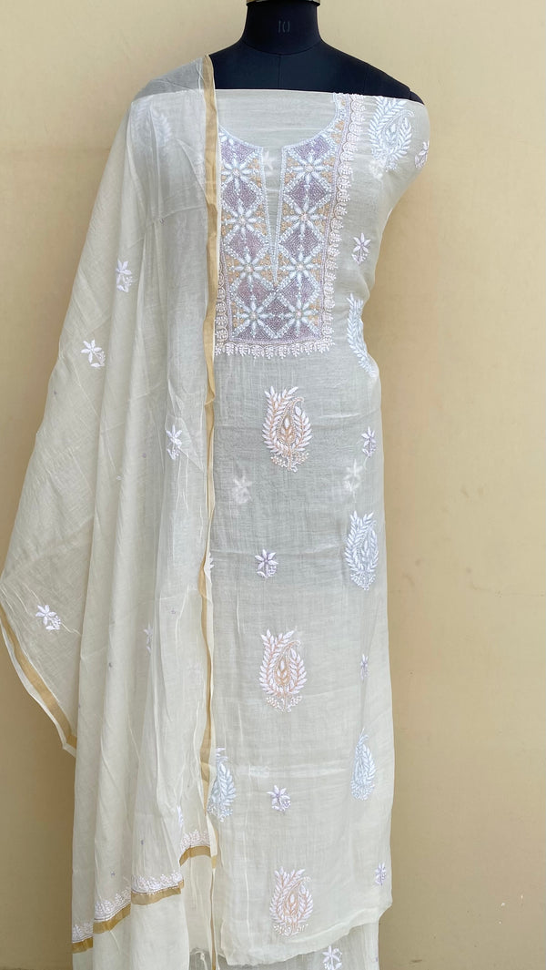 Lucknowi Chikankari Suit Length 2 Piece Off White Mal Chanderi With Cutdana  Work