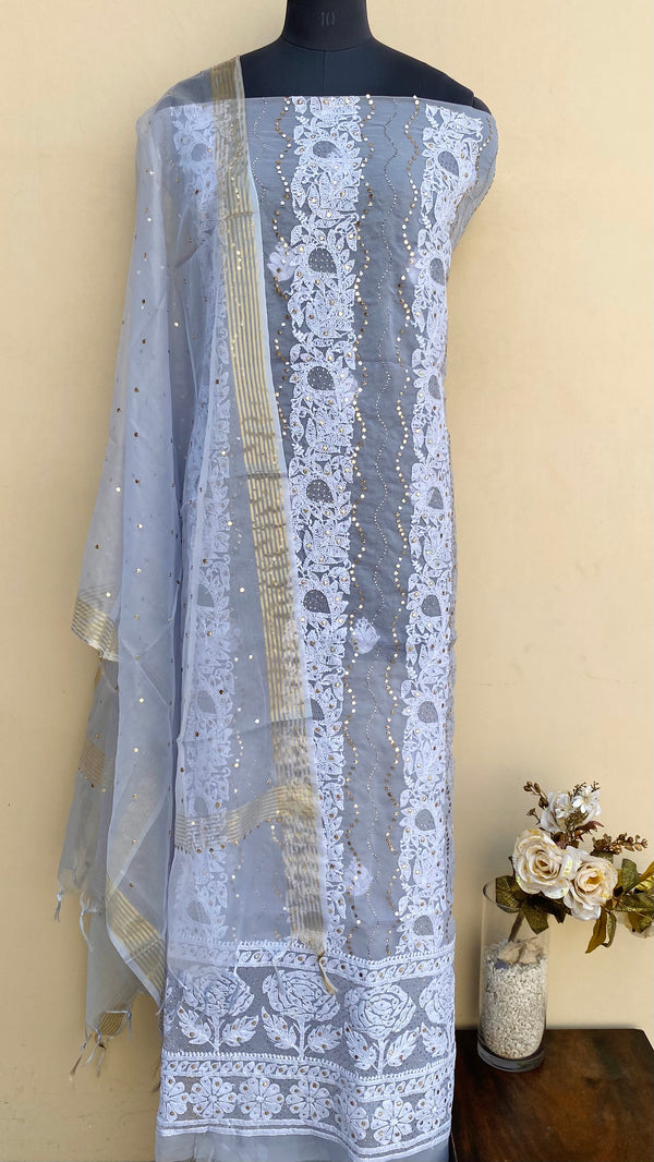 Lucknowi Chikankari Suit Length 2 Piece Powder Blue Organza With Mukaish Work