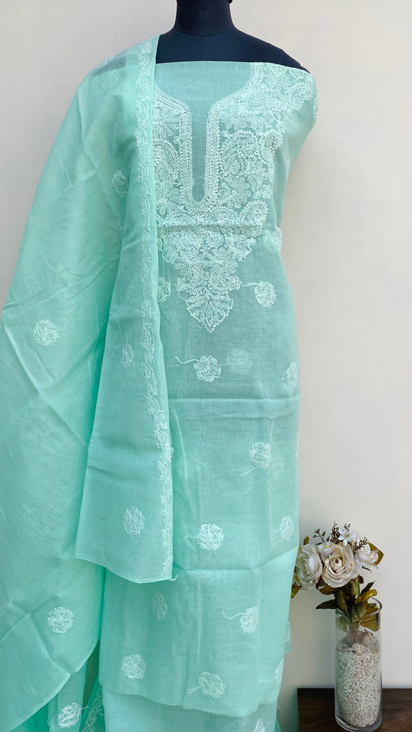 Lucknowi Chikankari Suit Length 3 Piece Sea Green Cotton With Embroidered Cotton Dupatta