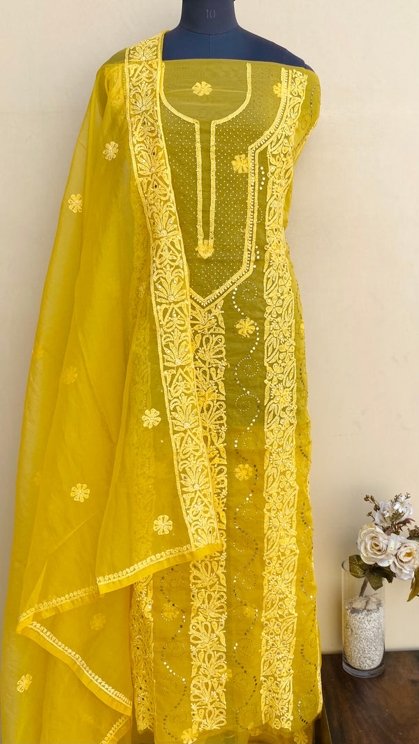 Lucknowi Chikankari Suit Length 2 Piece Yellow Organza With Mukaish Work