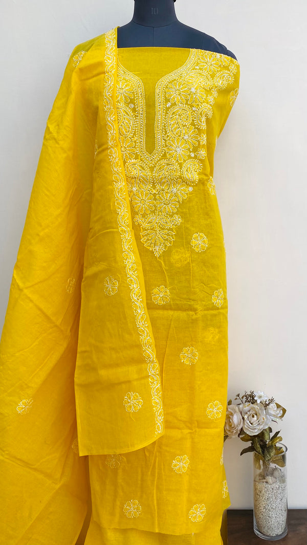 Lucknowi Chikankari Suit Length 3 Piece Yellow Cotton With Embroidered Cotton Dupatta