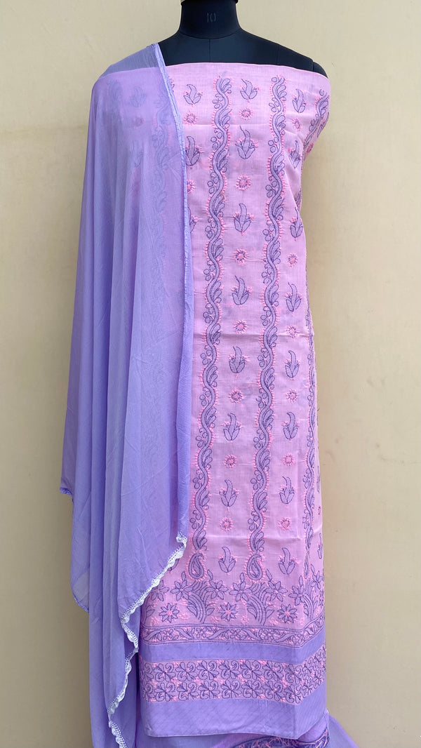 Lucknowi Chikankari Suit Length 3 Piece Pink Cotton