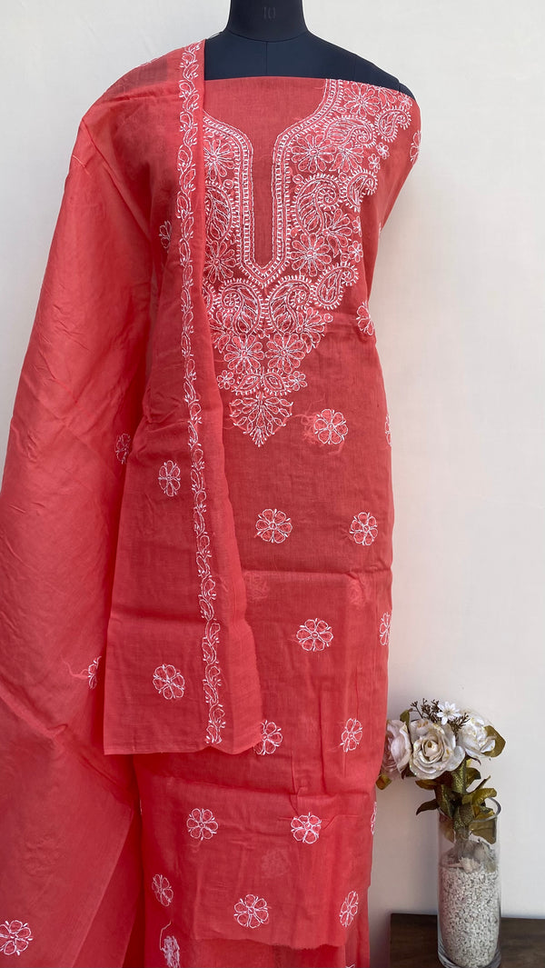 Lucknowi Chikankari Suit Length 3 Piece Red Cotton With Embroidered Cotton Dupatta