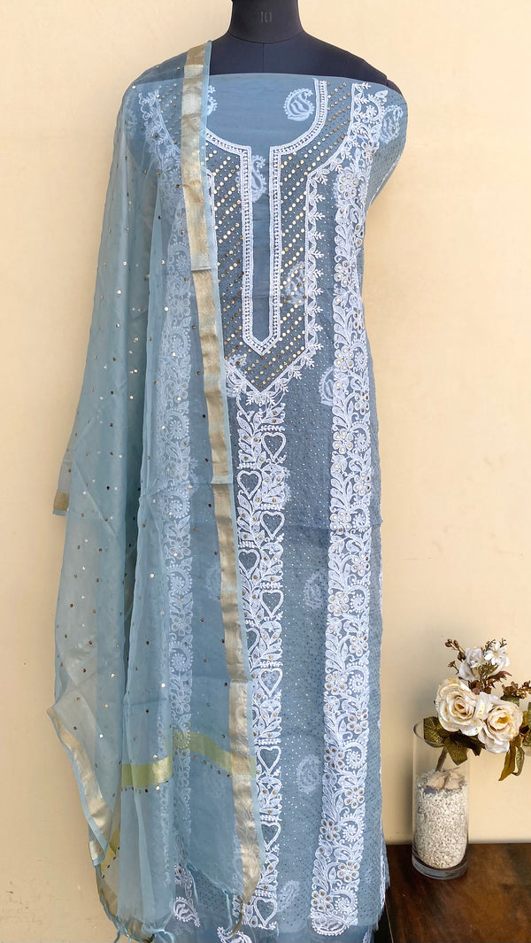 Lucknowi Chikankari Suit Length 2 Piece Gray Organza With Mukaish Work