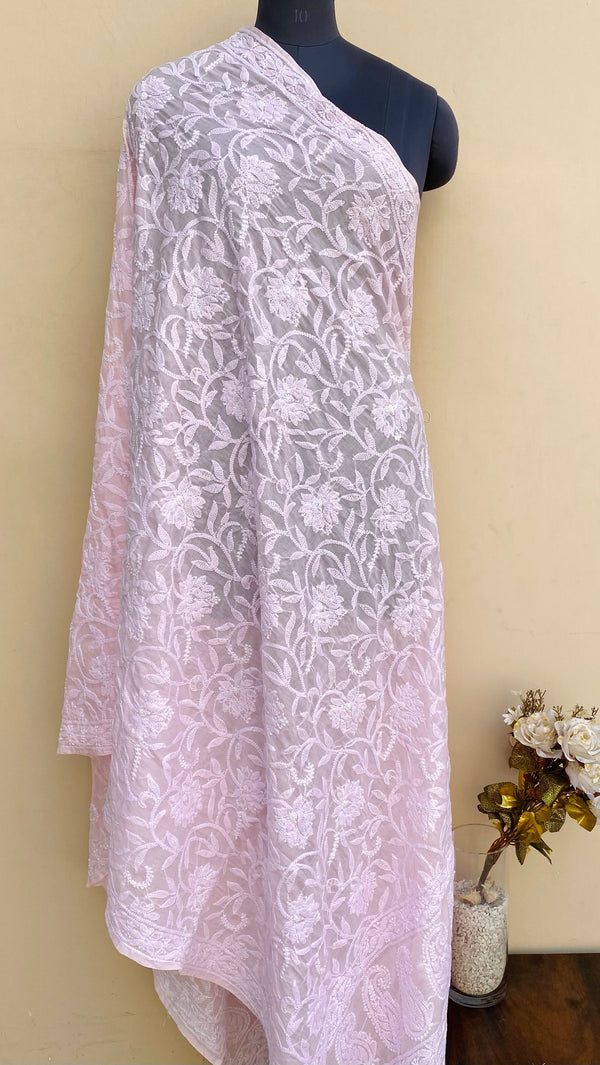 Lucknowi Chikankari Dupatta Pink Mulmul Cotton