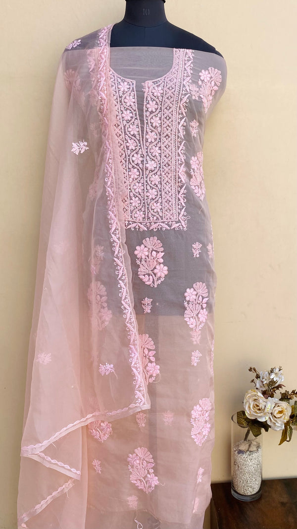 Lucknowi Chikankari Suit Length 2 Piece Peach Organza With Sequence & Cutdana Work